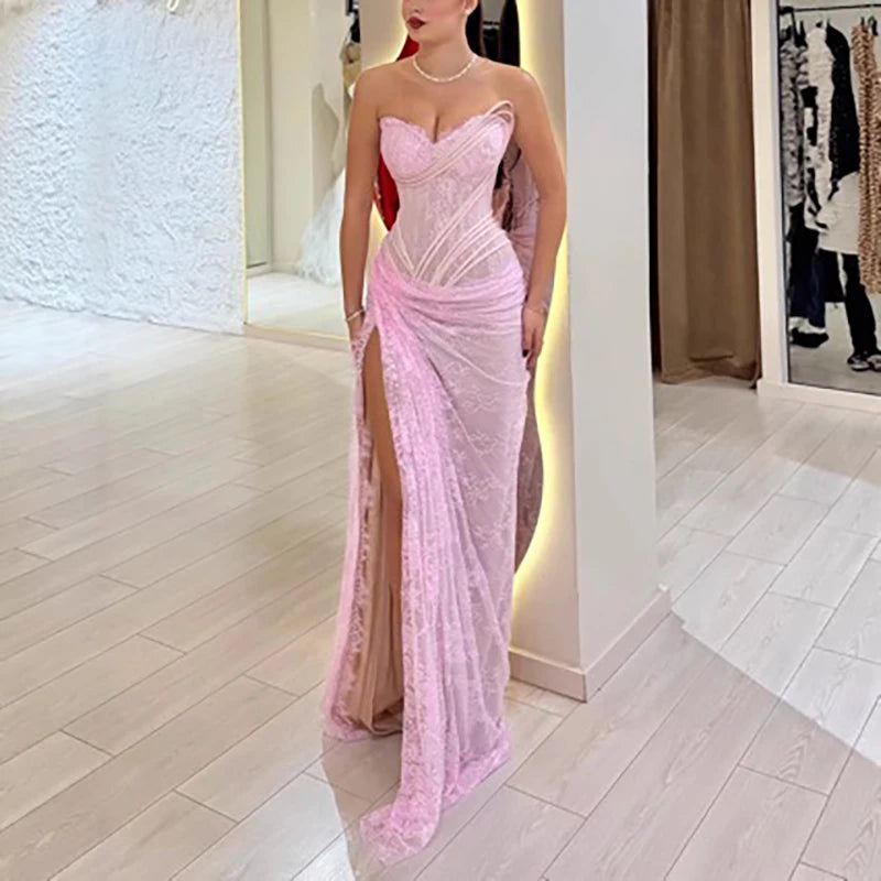 Women’s Blush Pink Lace Corset Evening Gown | Strapless High Slit Maxi Dress for Prom, Galas & Formal Events