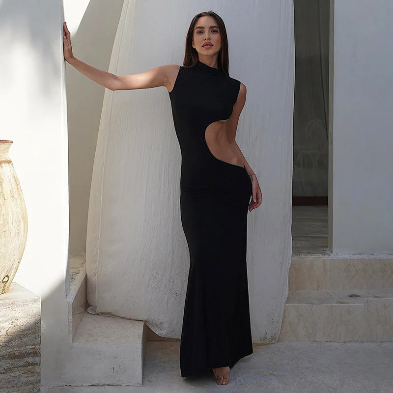 Cut Out Bodycon Maxi Dress Women | High Neck Sleeveless Evening Dress