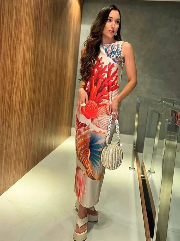 Printed Midi Bodycon Dress Women | Sleeveless Ocean Print Elegant Dress