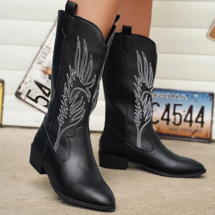 Women’s Embroidered Cowboy Boots – Western Mid-Calf Denim Boots for Casual, Festival & Streetwear Fashion
