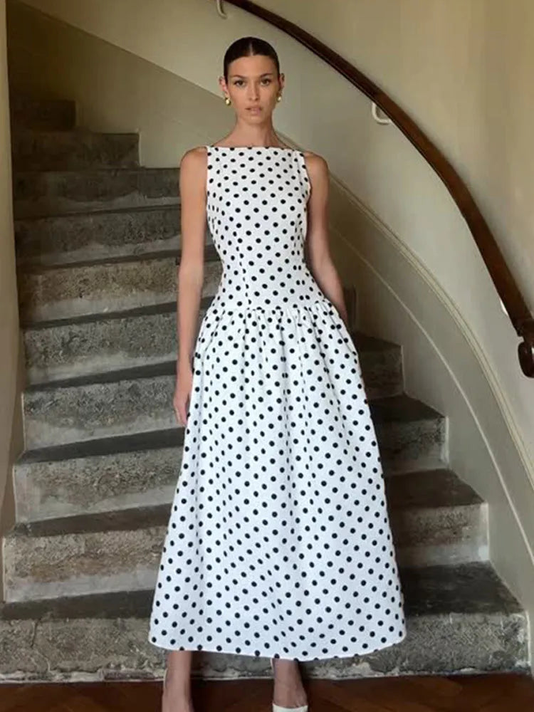 Women’s White Polka Dot Sleeveless Maxi Dress | Vintage Fit & Flare A-Line Midi Dress for Weddings, Garden Parties & Summer Events