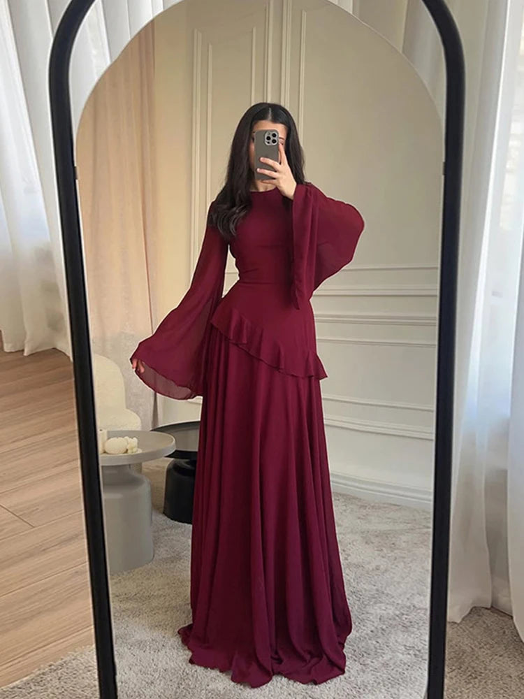 Long Sleeve Maxi Dress Women | Ruffle A Line Elegant Evening Dress
