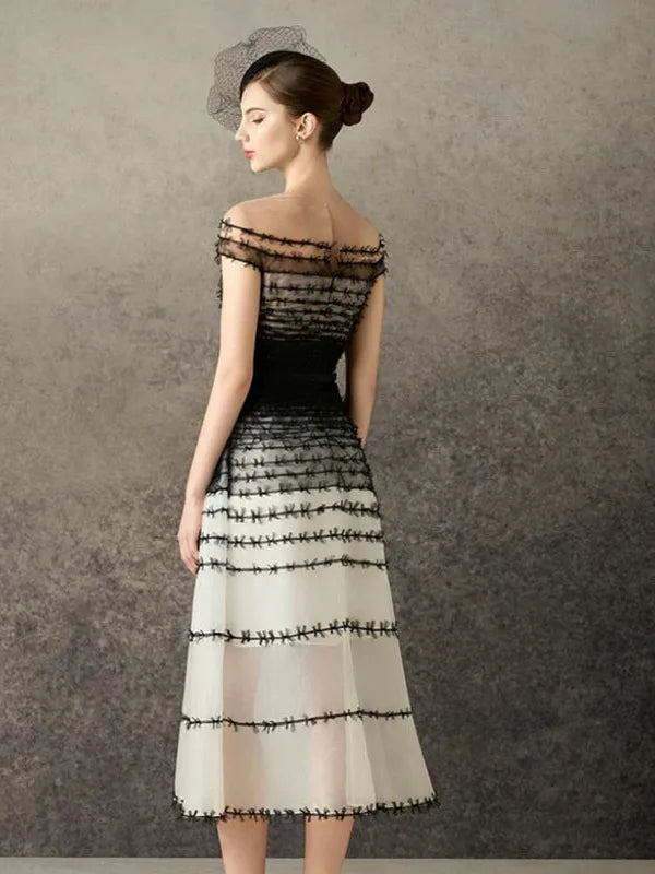 Off Shoulder A Line Midi Dress Women | Sheer Mesh Elegant Party Dress