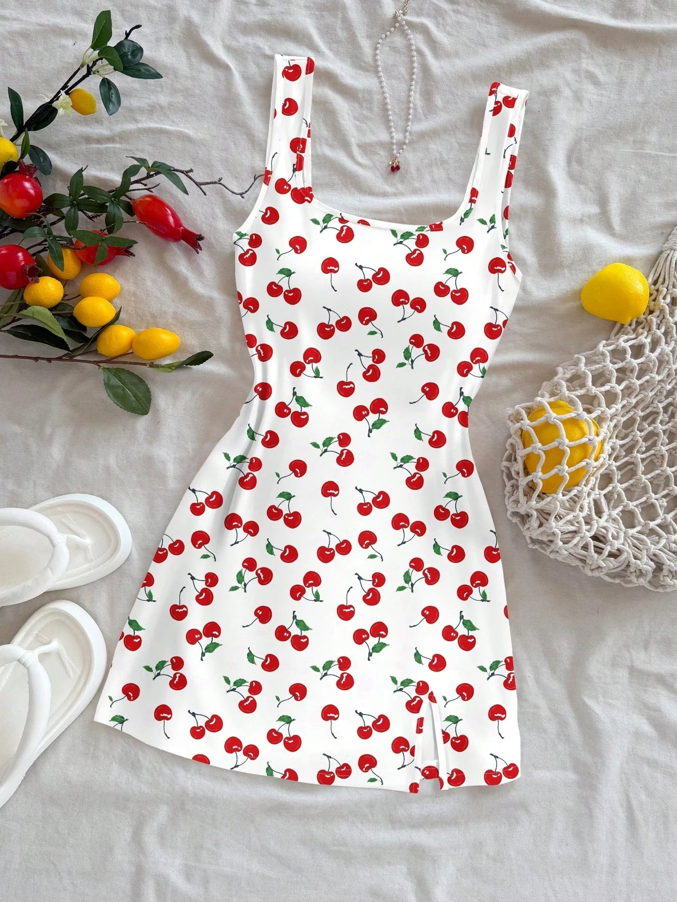 Women’s Cherry Print Mini Dress | Cute Y2K Sleeveless A-Line Summer Dress for Vacations & Casual Wear