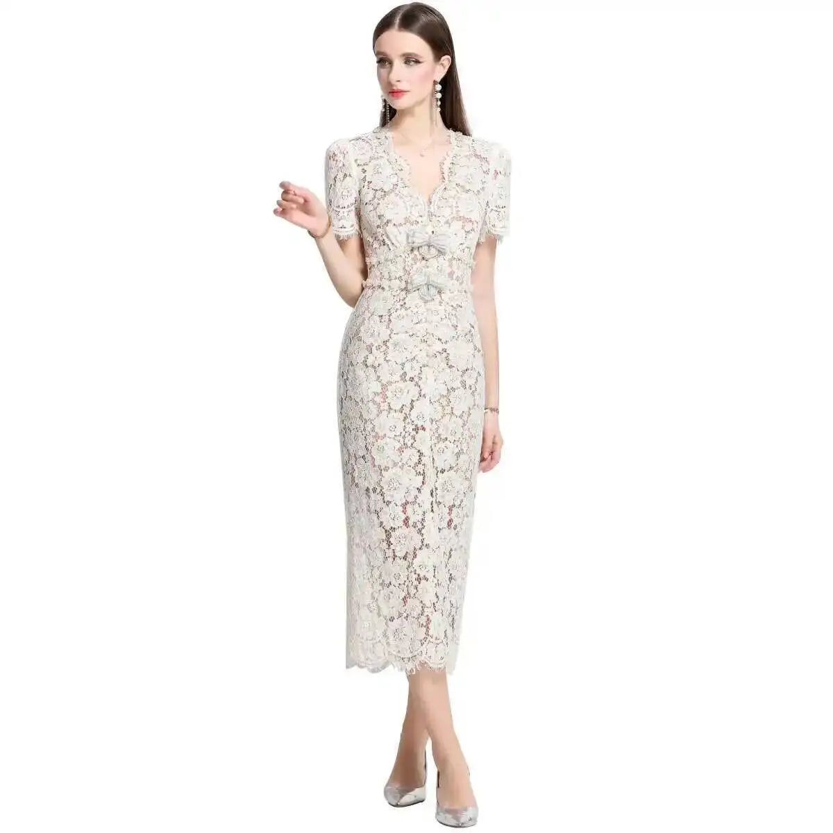 Lace Bodycon Midi Dress Women | Short Sleeve V Neck Elegant Party Dress