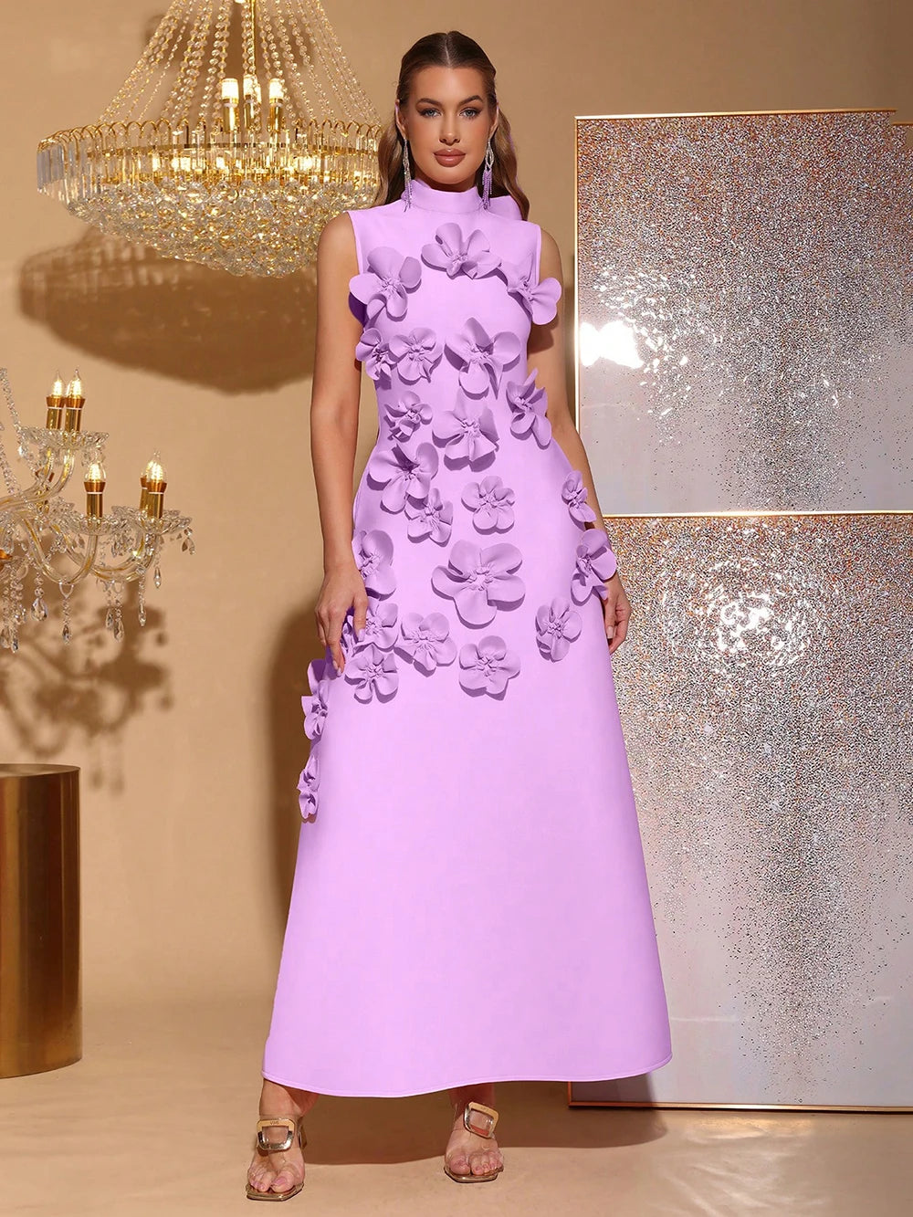 Appliqué Maxi Dress Women | High Neck Sleeveless Elegant Evening Dress