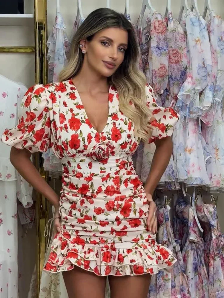 Women’s Red Floral Ruffle Mini Dress | Romantic Puff Sleeve Bodycon Party Dress for Date Night & Summer Events