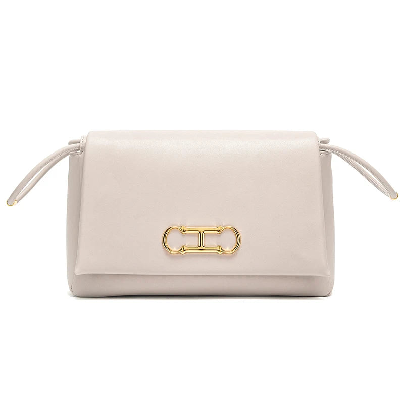 Cream Leather Crossbody Bag for Women | Elegant Flap Shoulder Handbag | Minimalist Evening Purse with Gold Hardware