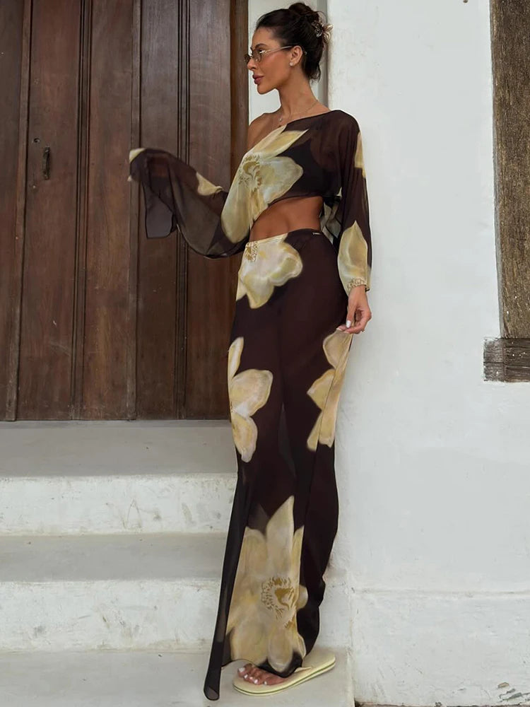 Women's One Shoulder Crop Top & Maxi Skirt Co-Ord Set | Floral Print Resort Two Piece Outfit