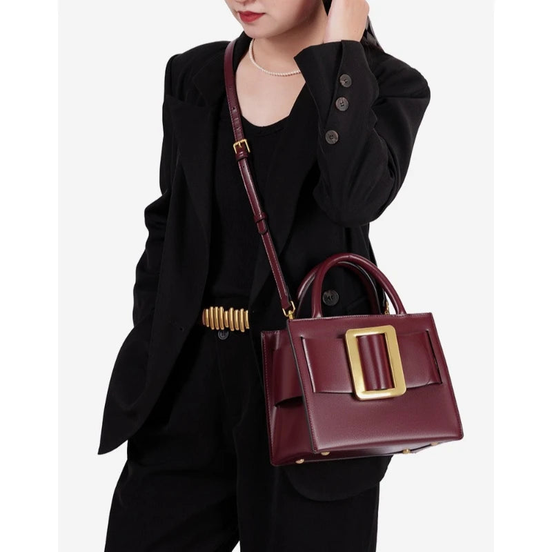 Burgundy Buckle Top Handle Handbag for Women | Luxury Structured Satchel Purse | Elegant Crossbody Shoulder Bag