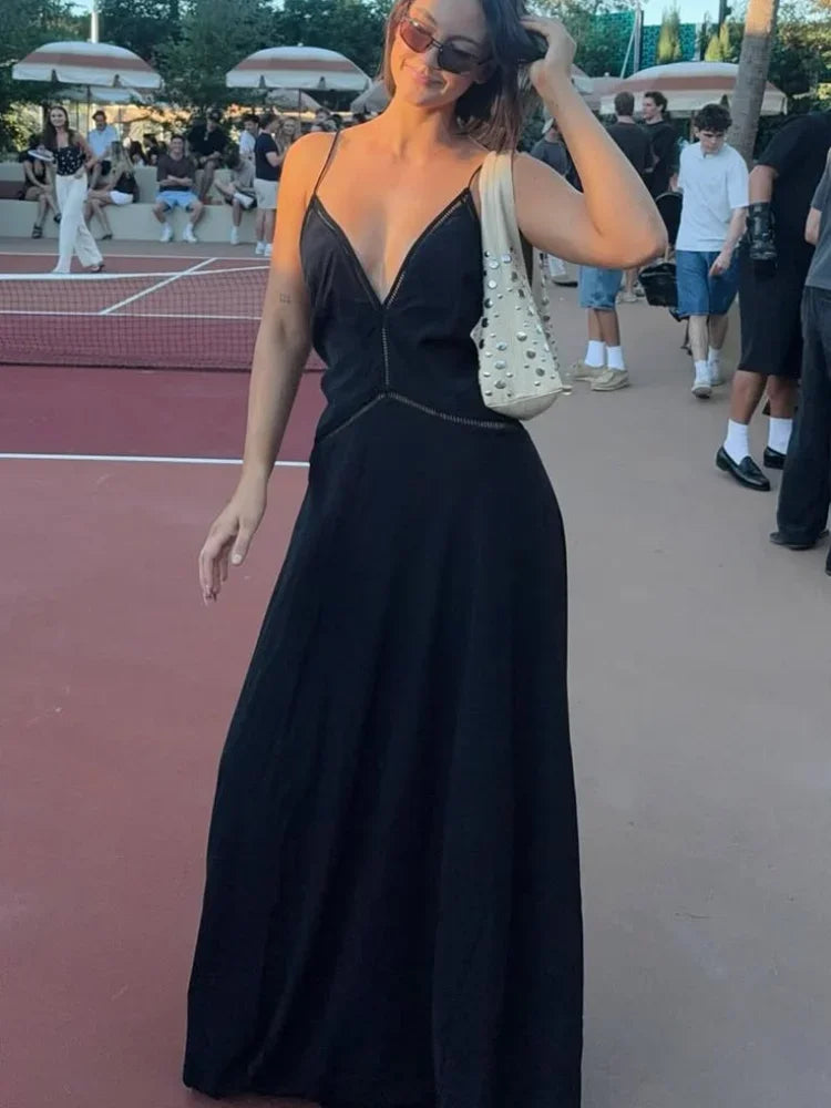 Women’s Black Backless Maxi Dress | Elegant Deep V-Neck Strappy Evening Gown for Vacations & Special Occasions