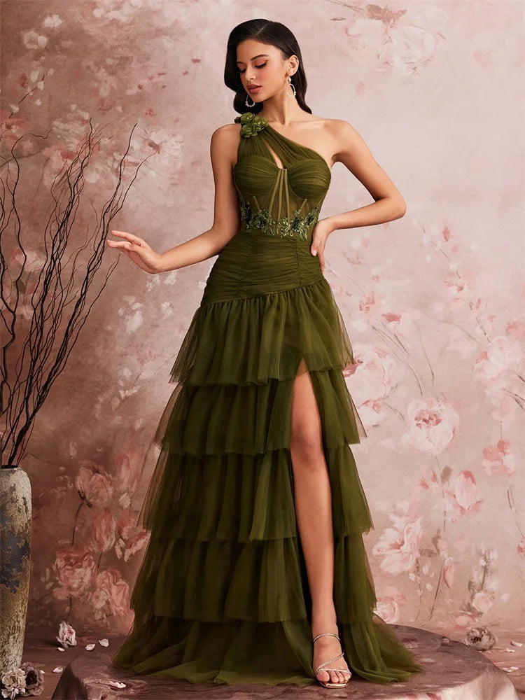 Women’s Olive Green One Shoulder Tiered Tulle Evening Gown | Beaded Waist Formal Maxi Dress with High Slit for Prom, Galas & Weddings