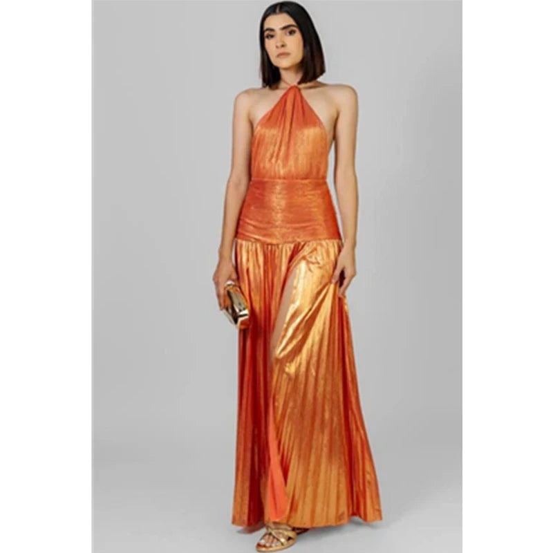 Halter Neck Pleated Maxi Dress Women | High Split Evening Party Dress