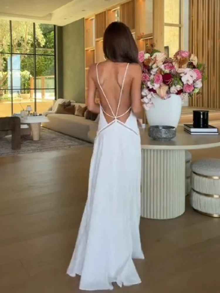 Women’s White Backless Satin Maxi Dress | Deep V-Neck Strappy Evening Gown for Weddings, Vacations & Resort Wear