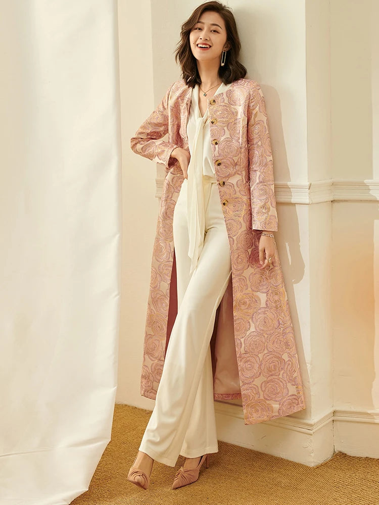 Women’s Elegant Floral Jacquard Maxi Coat Dress | Vintage Inspired Long Jacket