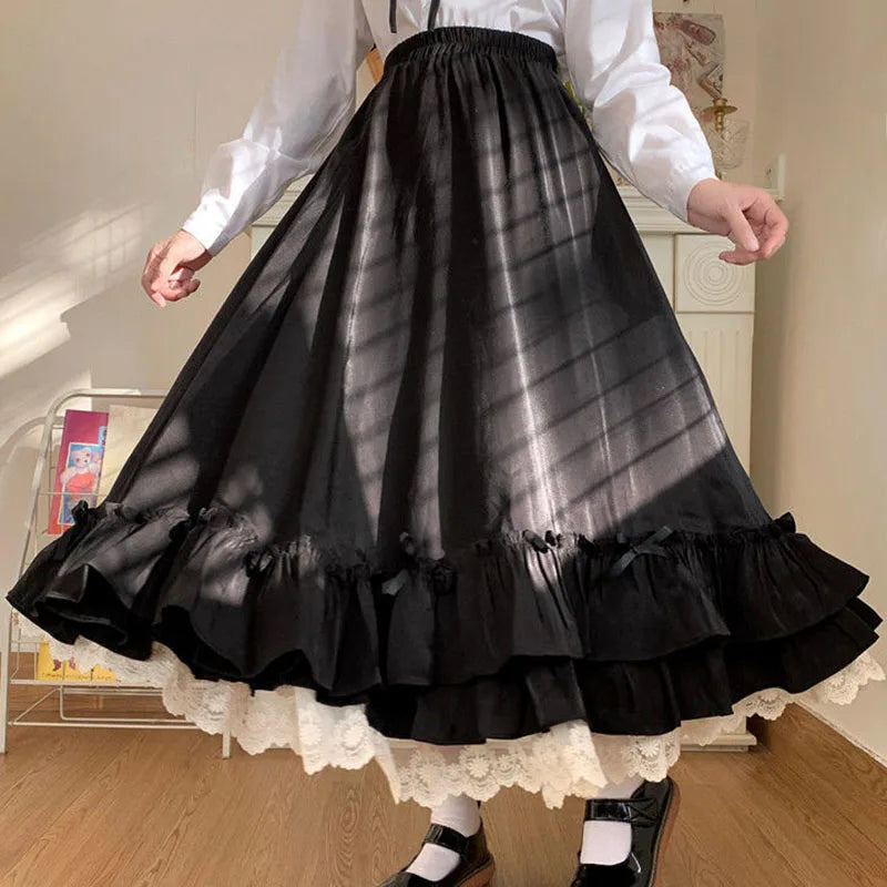 Women Gothic Ruffle Maxi Skirt High Waist Layered Cottagecore Long Skirt