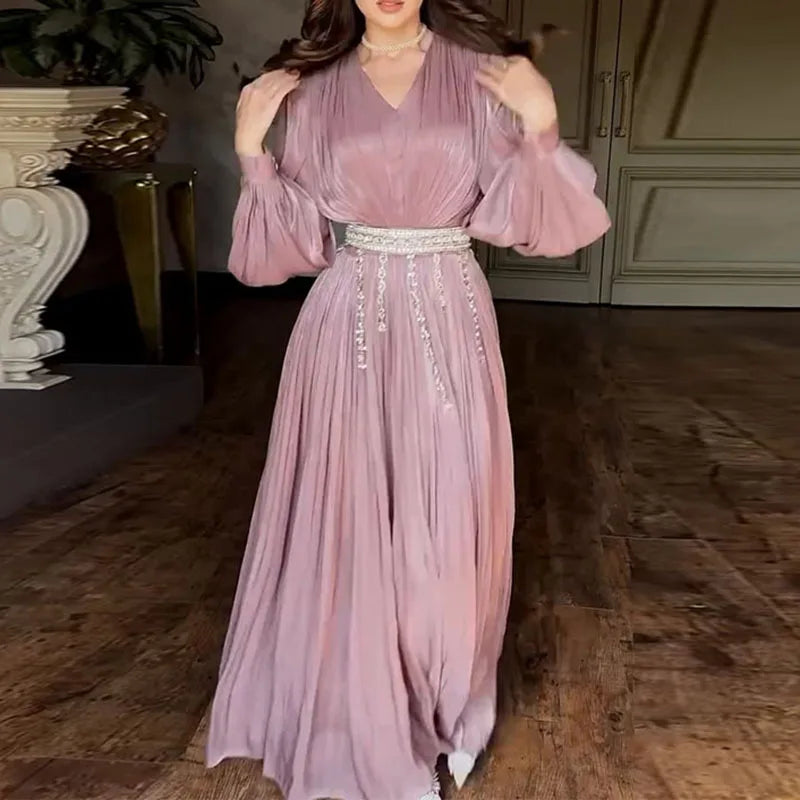 Pleated Maxi Dress Women | Long Sleeve V Neck Elegant Evening Dress
