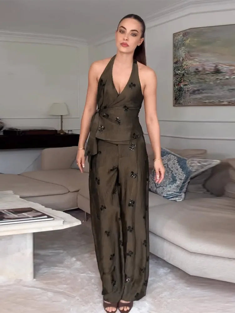 Women's Embellished Halter Waistcoat & Wide Leg Trousers Co-Ord Set | Elegant Occasion Two Piece Outfit