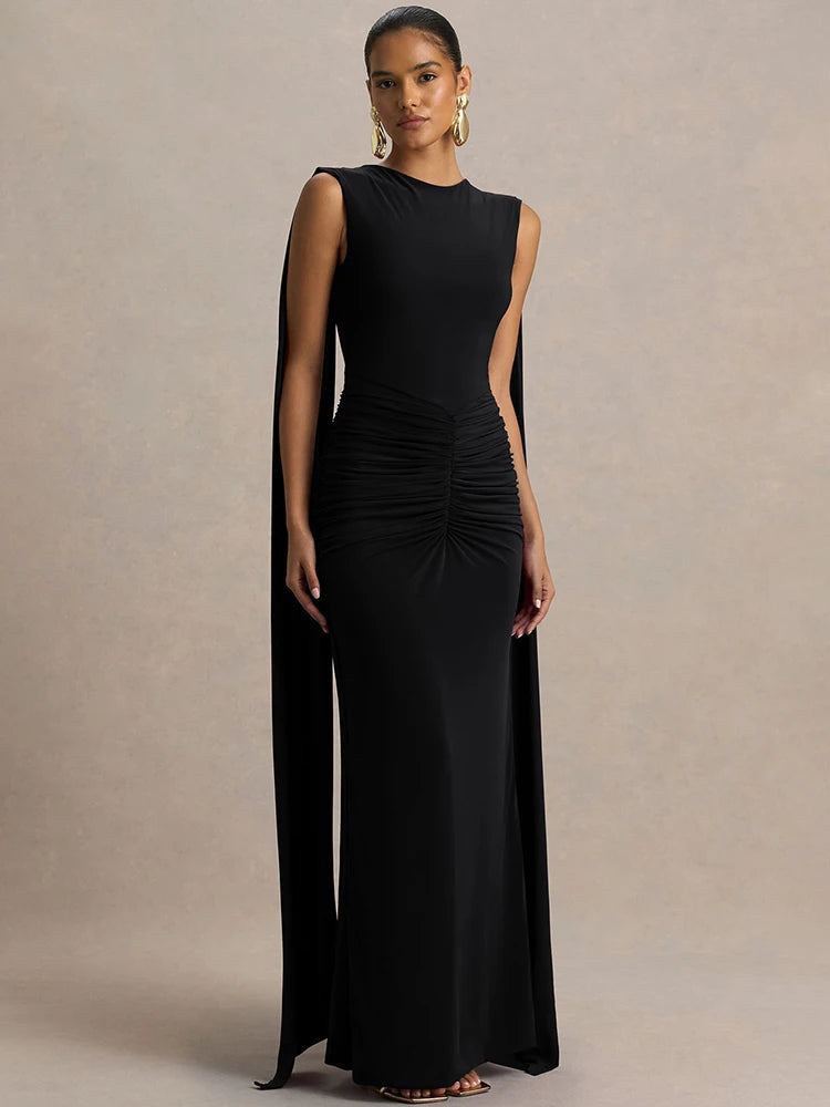 Draped Bodycon Maxi Dress Women | Sleeveless Elegant Evening Dress