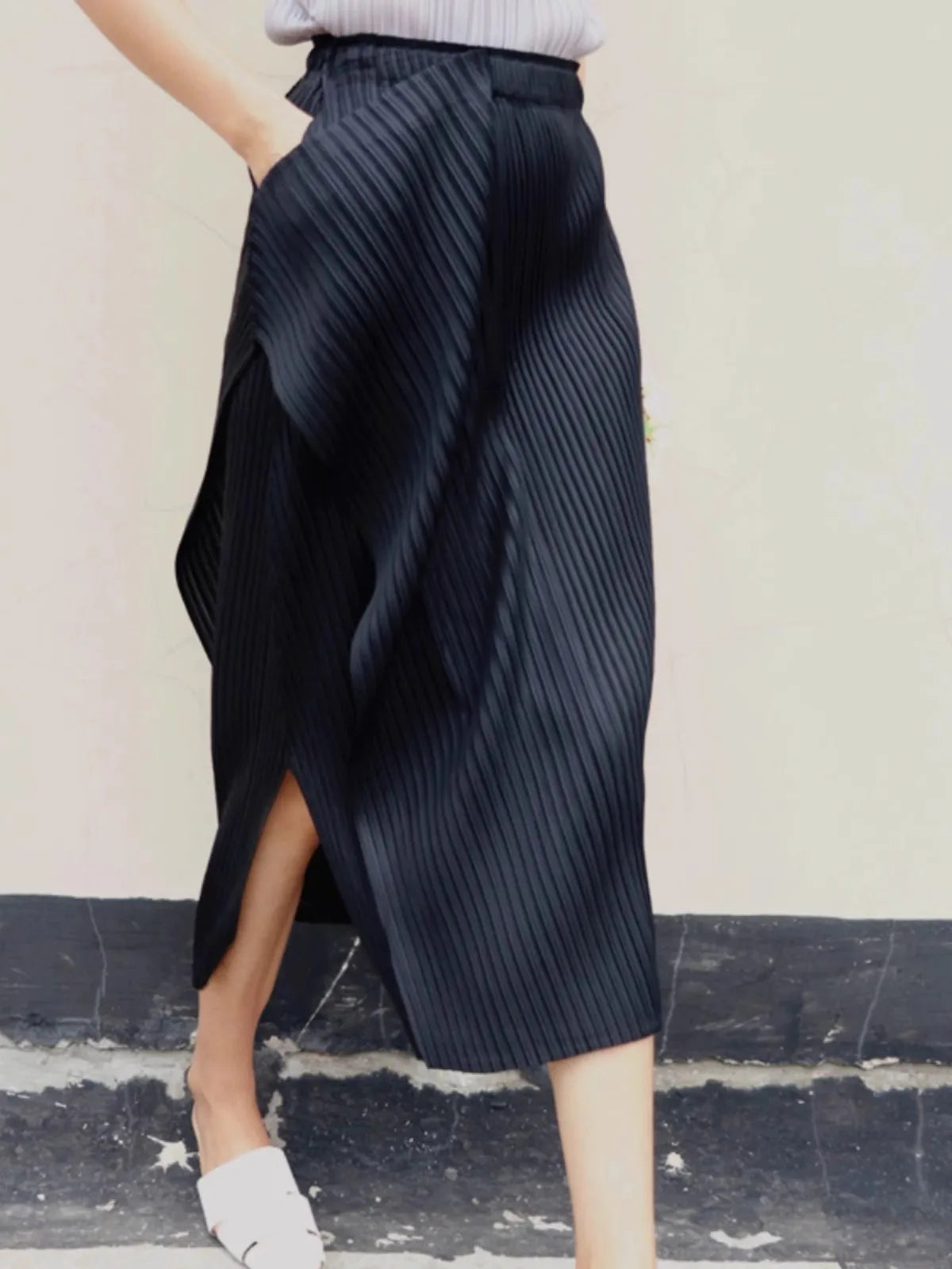 Women Pleated Midi Skirt High Waist Wrap Style Elegant Office Wear Skirt