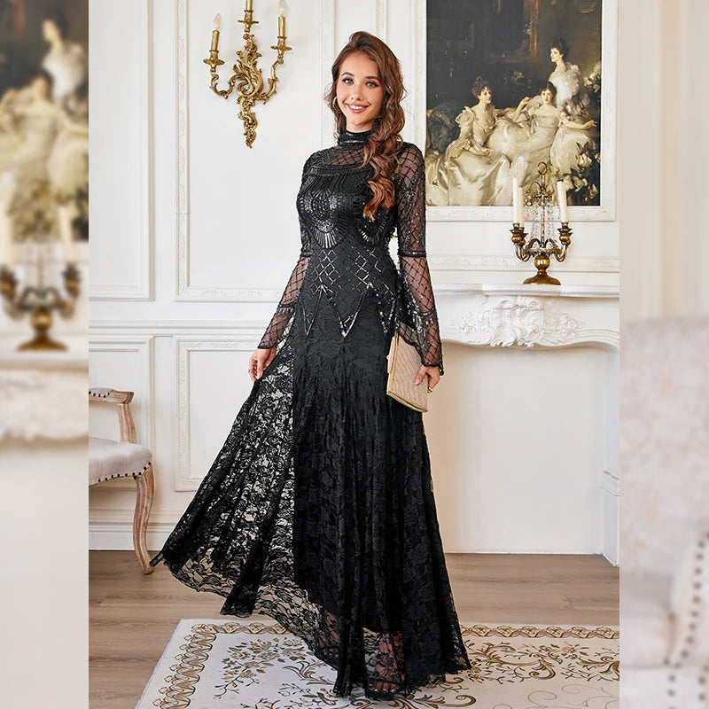Women’s Black Lace Maxi Dress | Elegant Long Sleeve High Neck Evening Gown for Weddings, Formal Parties & Special Occasions