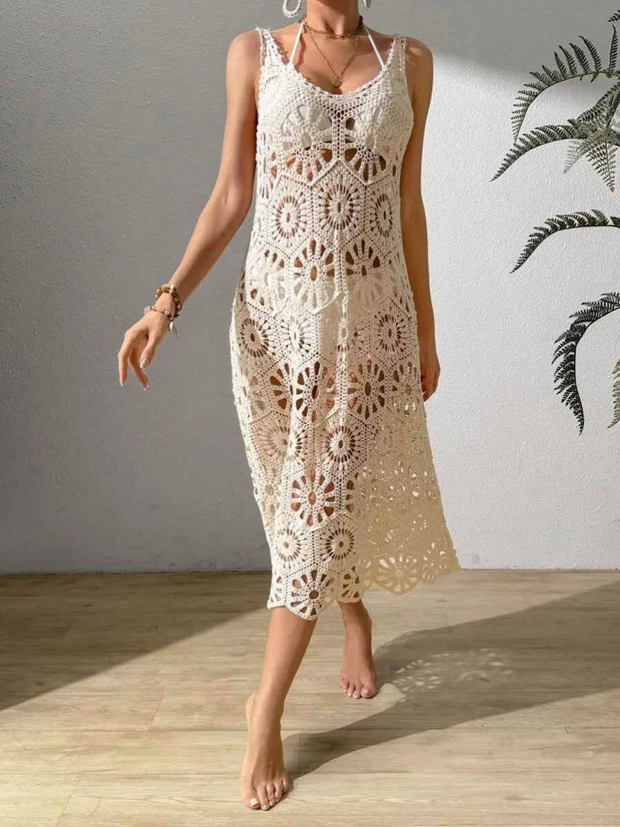 Boho Crochet Midi Dress | White Beach Vacation Dress