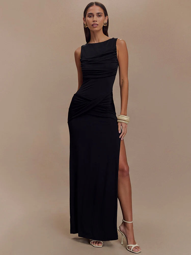 Ruched Bodycon Maxi Dress Women | Sleeveless High Neck Elegant Evening Dress
