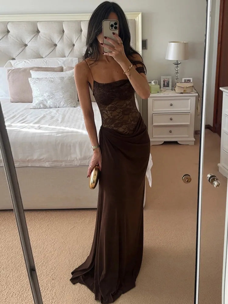 Women’s Brown Lace Mermaid Gown | Elegant Off Shoulder Evening Dress for Formal Events & Galas