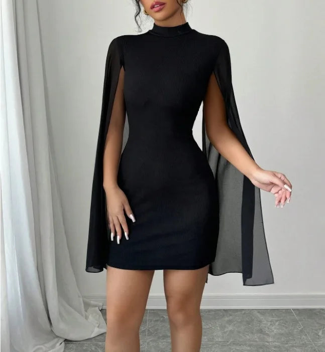 Black Cape Sleeve Mini Dress Women | High Neck Elegant Party Dress