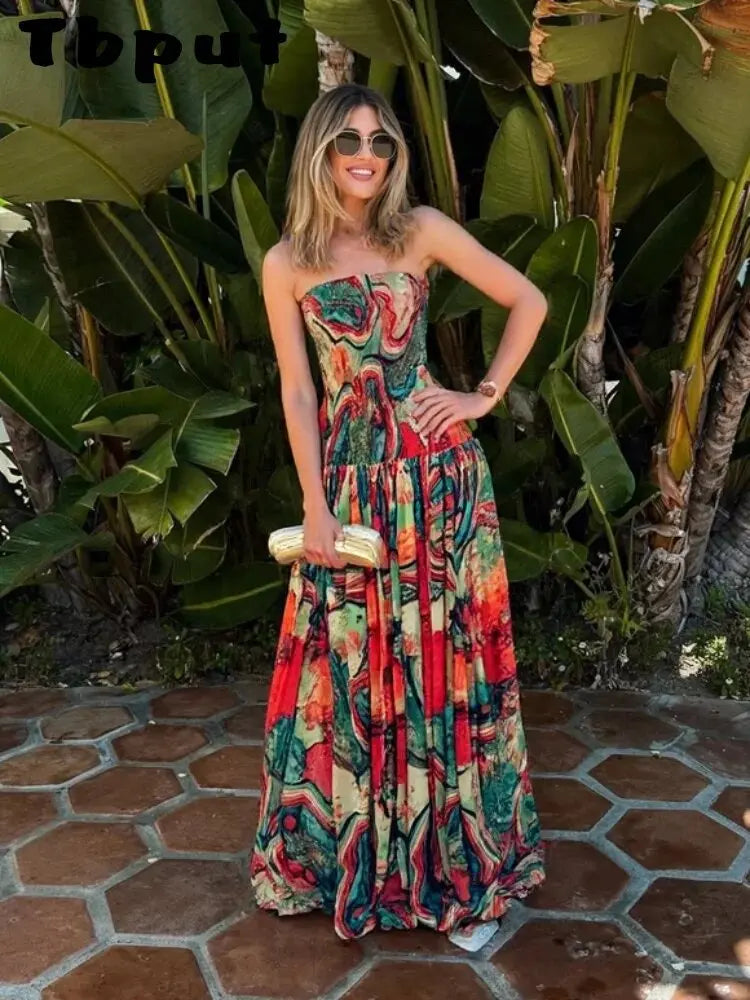 Women’s Strapless Abstract Print Maxi Dress | Bohemian Smocked Resort Gown for Vacations, Beach Weddings & Summer Events