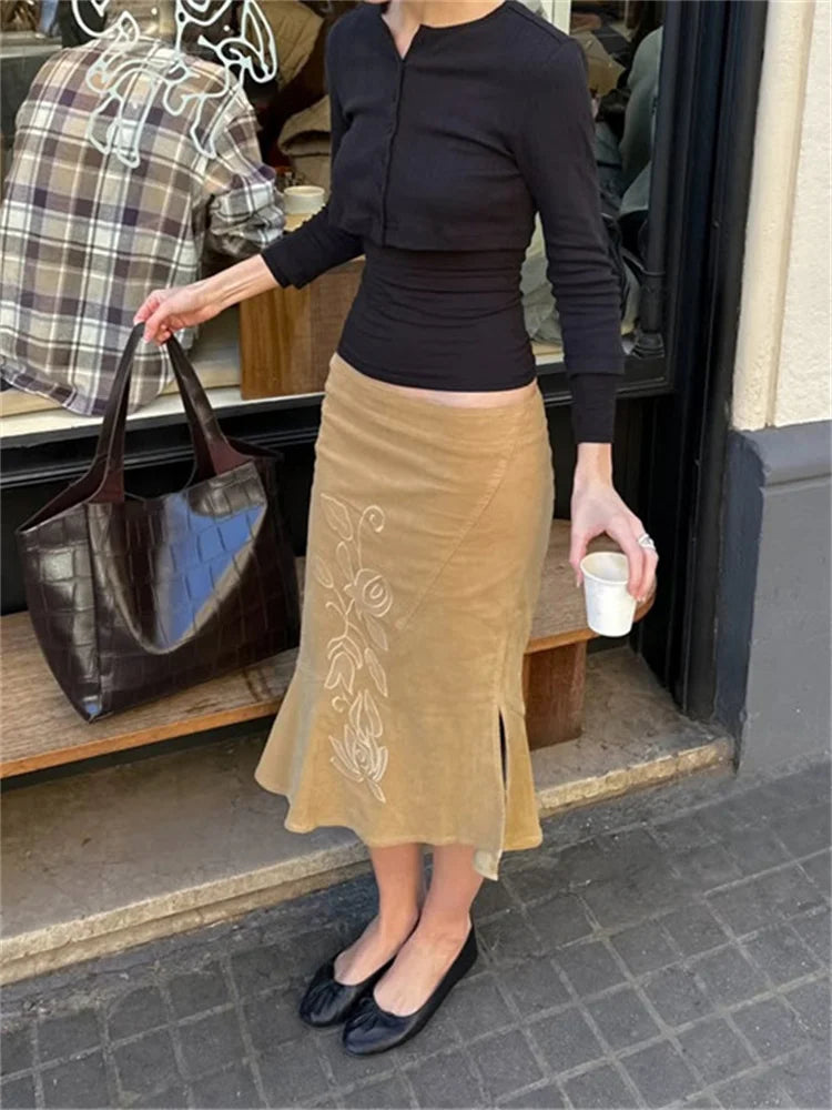 Women Vintage Embroidered Midi Skirt High Waist Elegant A Line Skirt