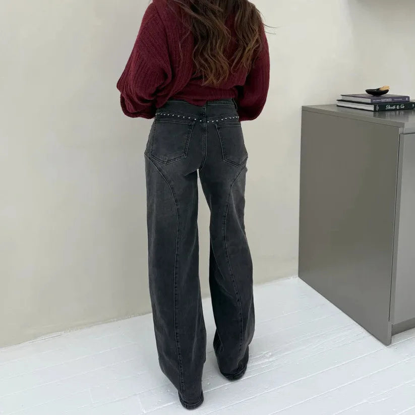 Women High Waist Straight Leg Studded Jeans Vintage Wide Leg Denim Trousers