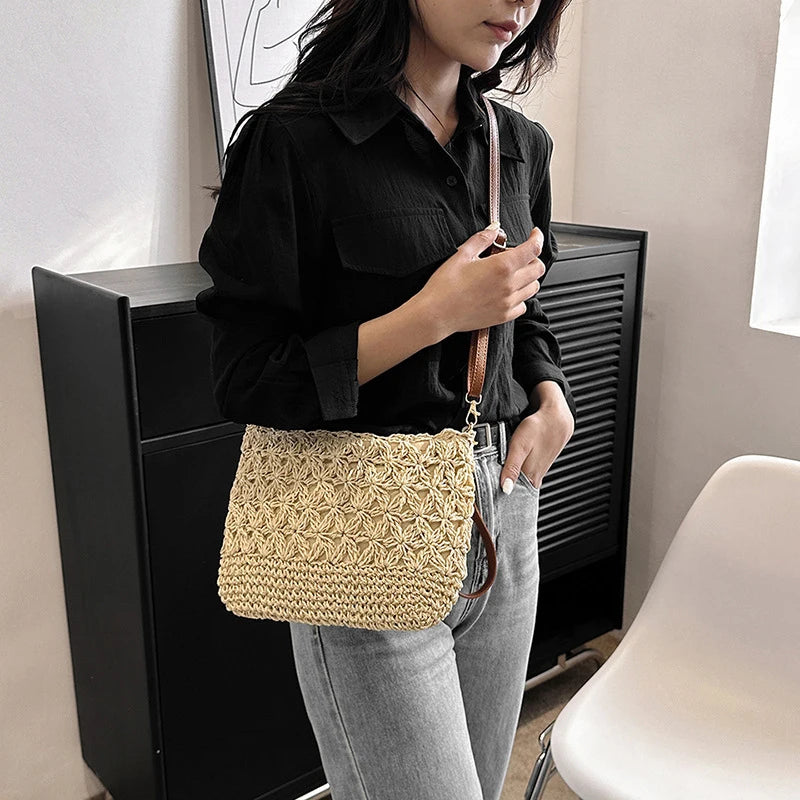 Woven Crochet Shoulder Bag for Women | Boho Summer Handbag | Casual Straw Crossbody Purse | Trendy Beach Tote