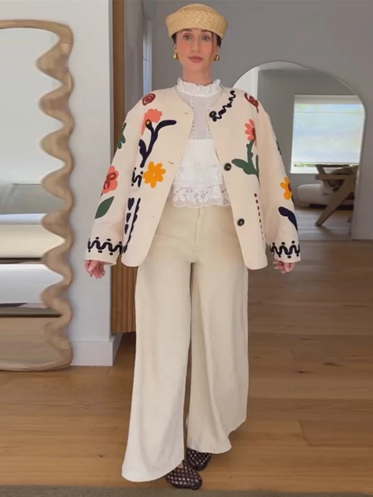 Women’s Abstract Embroidered Wool Blend Jacket | Artistic Cream Statement Coat for Women