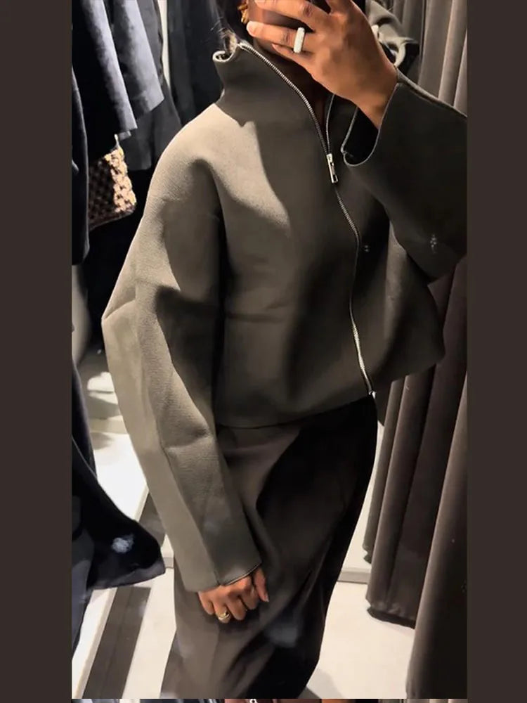 Women’s Cropped Oversized Jacket | Minimalist Zip-Up Bomber Coat