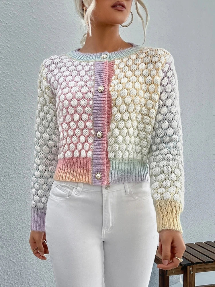 Women’s Pastel Knit Cardigan Sweater | Color Block Chunky Button-Up Cozy Cottagecore Cardigan