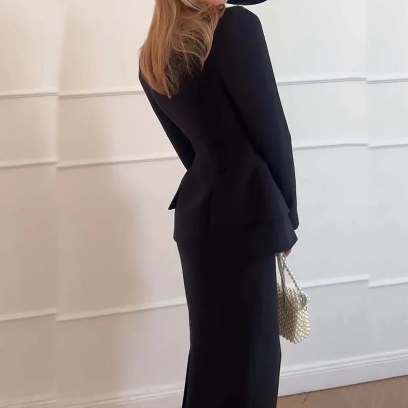 Women's Tailored Blazer & Midi Skirt Co-Ord Set | Elegant Formal Two Piece Suit Outfit