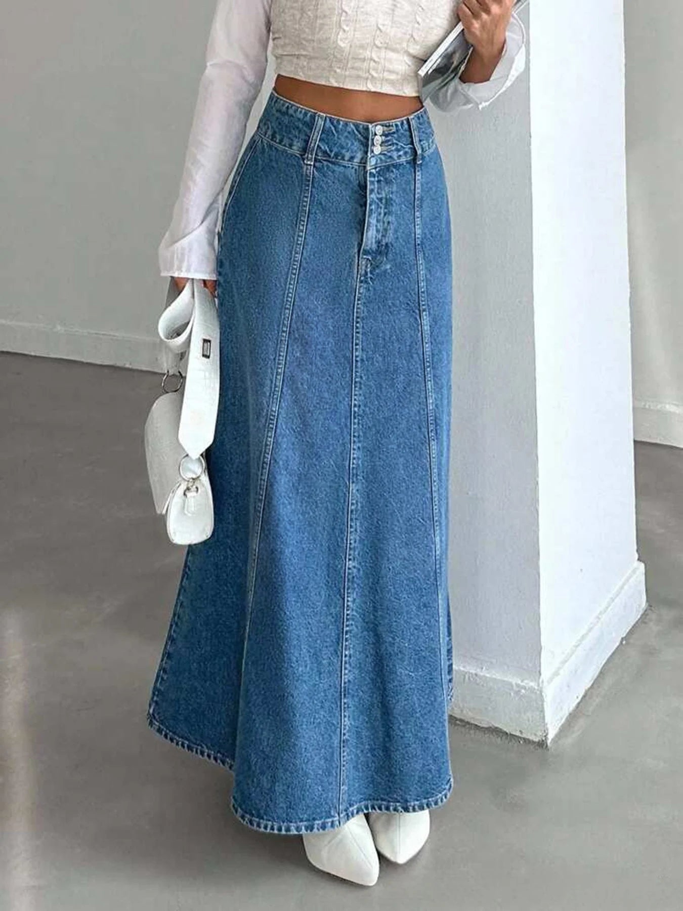 Women High Waist Denim Maxi Skirt Vintage A Line Long Jeans Skirt