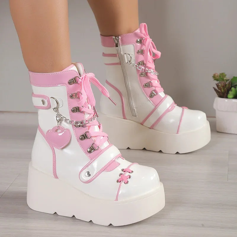 Women’s Kawaii Platform Boots – Chunky Lace-Up Ankle Boots for Harajuku, Cosplay & Y2K Fashion