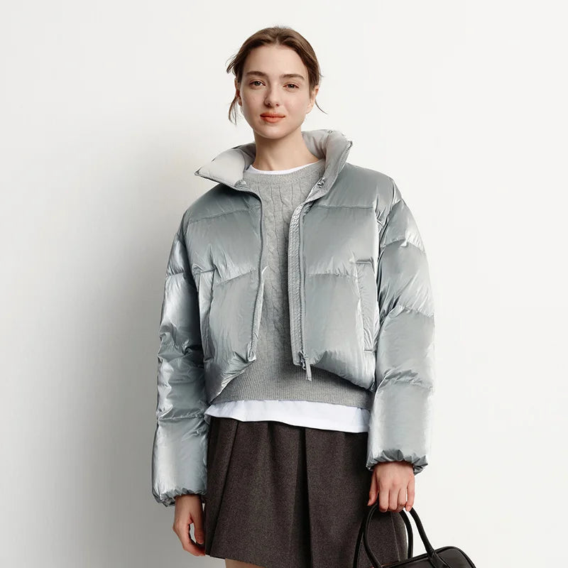 Women’s Silver Cropped Puffer Jacket | Lightweight High Neck Quilted Winter Coat for Casual Wear, Travel & Cold Weather