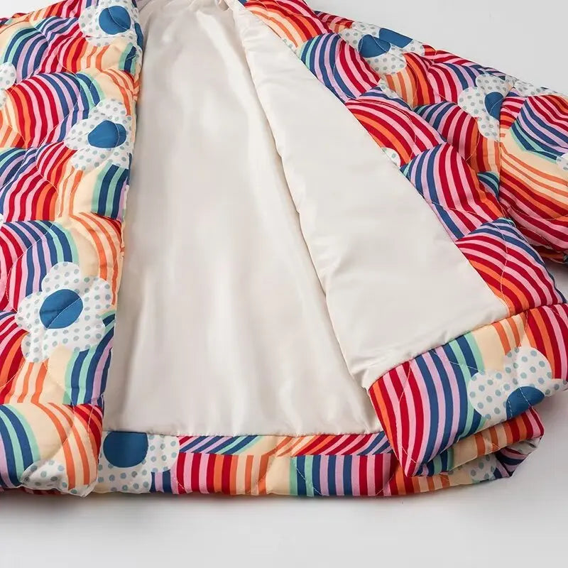 Women’s Rainbow Quilted Puffer Jacket | Colorful Floral Statement Winter Coat