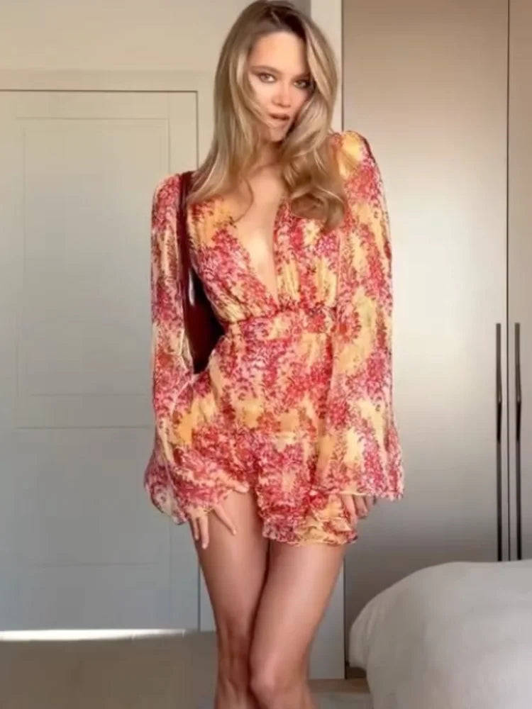 Women’s Floral Deep V Romper | Boho Long Sleeve Ruffle Playsuit for Vacation & Summer Parties