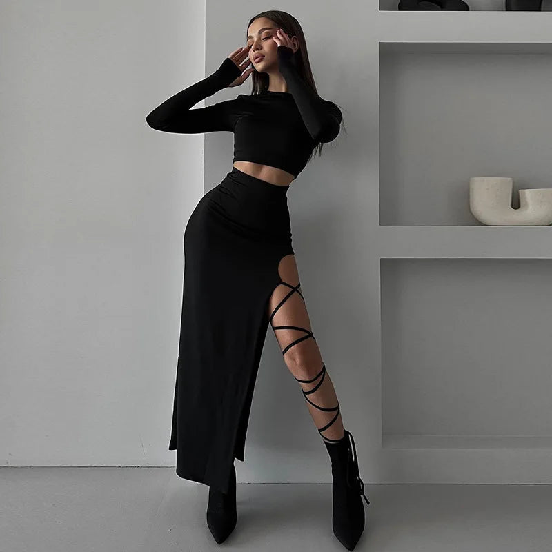 Women's Long Sleeve Crop Top & High Split Maxi Skirt Co-Ord Set | Cut Out Evening Party Outfit