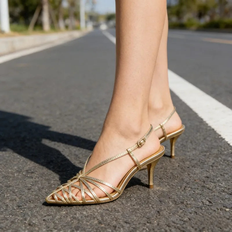 Women’s Metallic Strappy Kitten Heels – Elegant Pointed Toe Slingback Sandals for Party & Wedding Wear