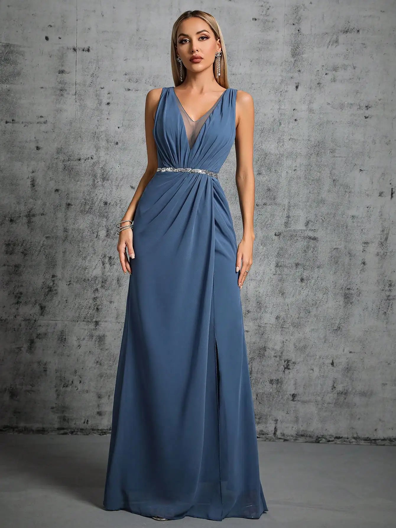Women’s Dusty Blue Chiffon Evening Gown | Sleeveless V-Neck Formal Maxi Dress with Beaded Waist for Bridesmaids, Weddings & Galas