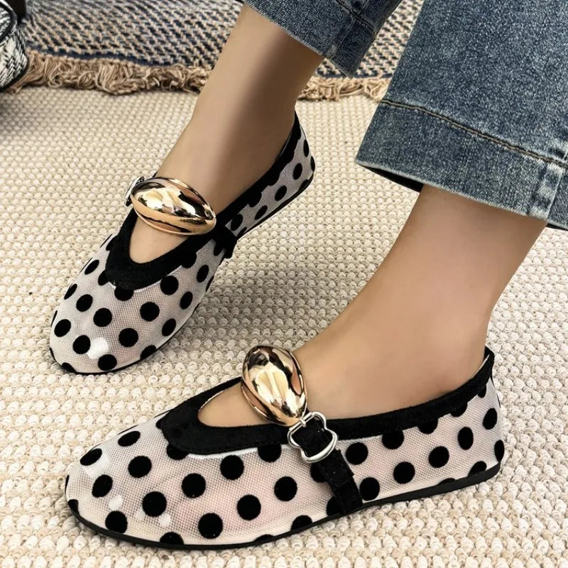 Women’s Polka Dot Mary Jane Ballet Flats – Buckle Strap Slip-On Shoes for Casual, Office & Everyday Wear