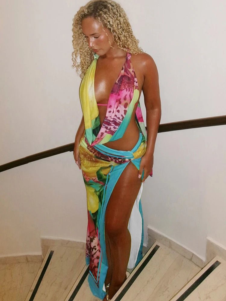 Women's Tropical Print Halter Top & High Split Maxi Skirt Co-Ord Set | Luxury Resort Two Piece Outfit