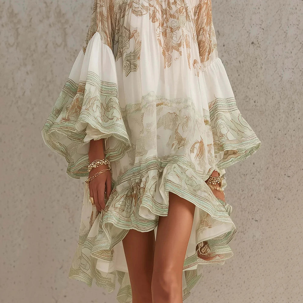 Women’s Boho Floral High-Low Mini Dress | Oversized Chiffon Ruffle Dress with Balloon Sleeves for Beach Vacations & Resort Wear