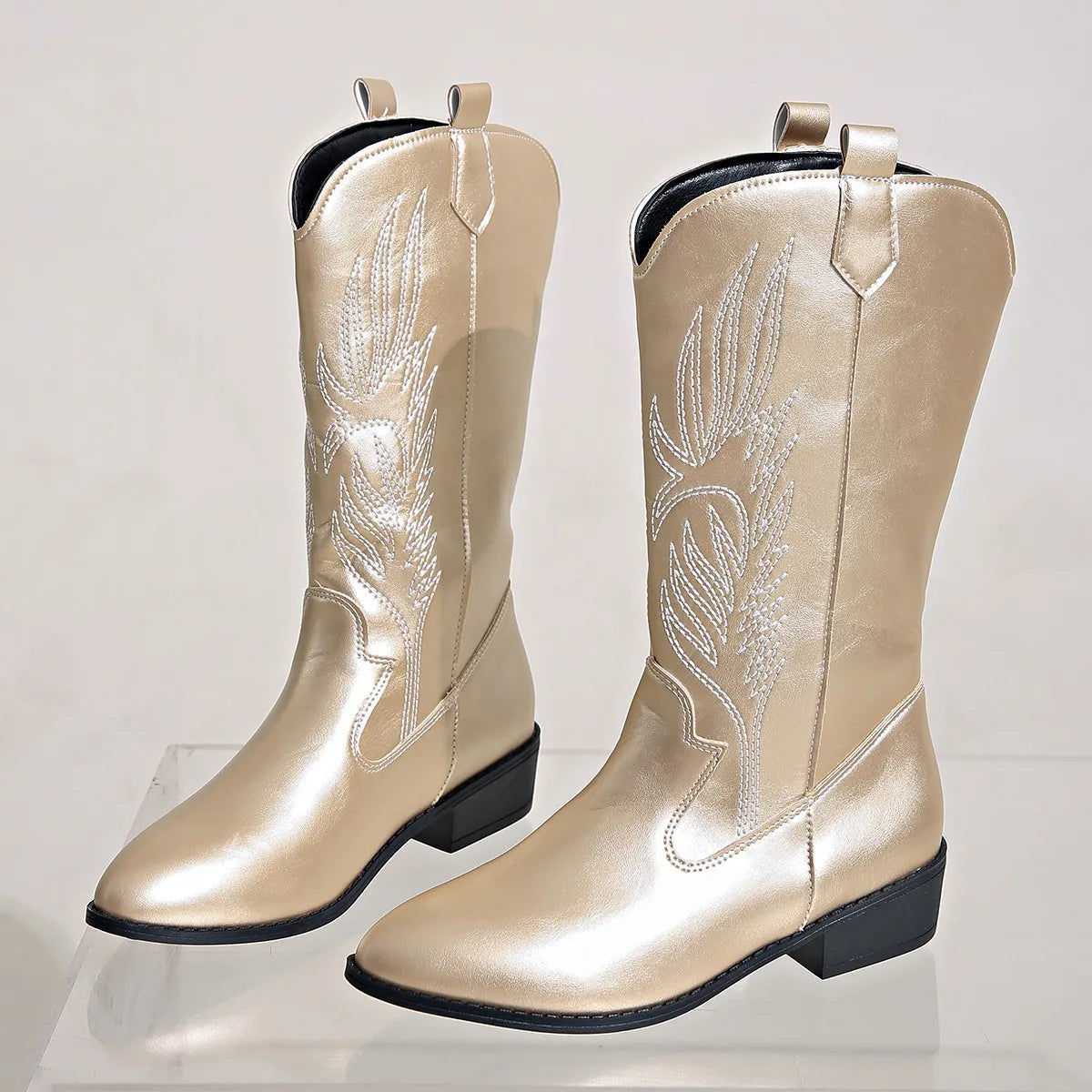 Women’s Embroidered Cowboy Boots – Western Mid-Calf Denim Boots for Casual, Festival & Streetwear Fashion