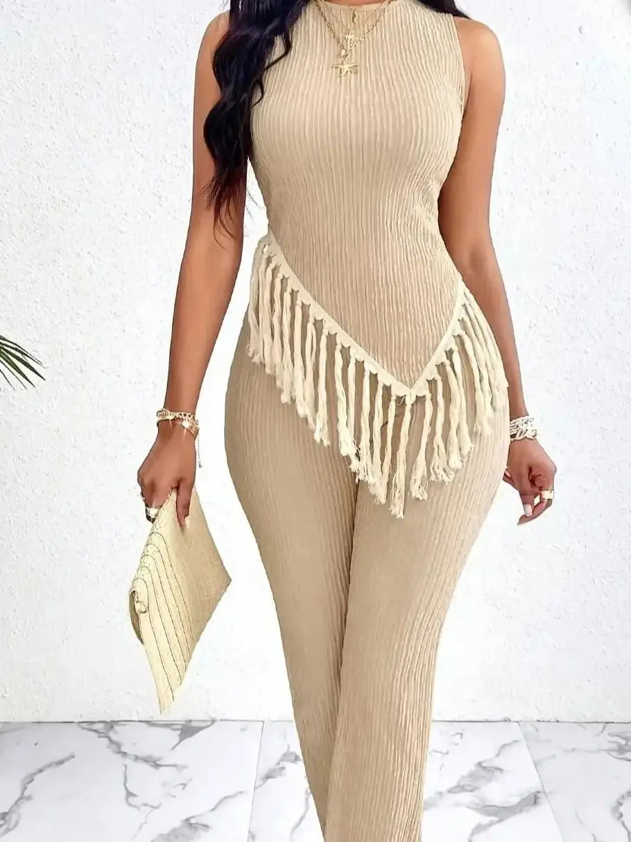 Women's Ribbed Fringe Top & Wide Leg Trouser Co-Ord Set | Boho Chic Two Piece Outfit